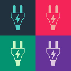 Pop art Electric plug icon isolated on color background. Concept of connection and disconnection of the electricity. Vector