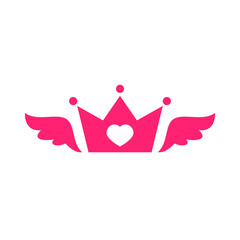 Pink princess crown with wings. Pink crown icon isolated on white. Royal, luxury, vip, first class sign.