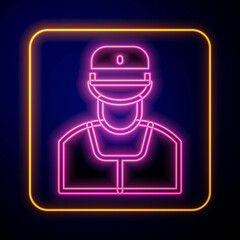 Glowing neon Train conductor icon isolated on black background. Vector