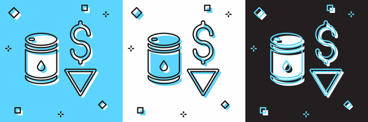Set Drop in crude oil price icon isolated on blue and white, black background. Oil industry crisis concept. Vector