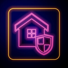 Glowing neon House with shield icon isolated on black background. Insurance concept. Security, safety, protection, protect concept. Vector