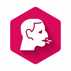 White Man coughing icon isolated with long shadow background. Viral infection, influenza, flu, cold symptom. Tuberculosis, mumps, whooping cough. Pink hexagon button. Vector