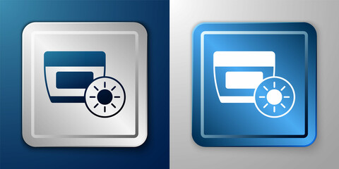 White Sunscreen cream in tube icon isolated on blue and grey background. Protection for the skin from solar ultraviolet light. Silver and blue square button. Vector