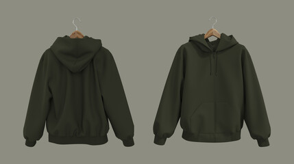 Blank hooded sweatshirt  mockup with zipper in front, side and back views, 3d rendering, 3d illustration