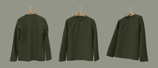 men's longsleeved t-shirt mockup in front view, design presentation for print, 3d illustration, 3d rendering