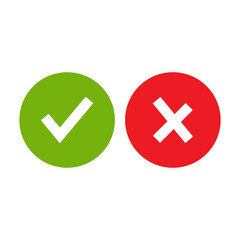 Set of check mark icons. green lopsided tick in circle and cross in circle
