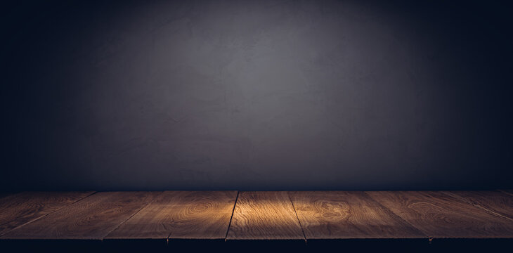 Oak Plank Podium Or Table In The Dark With Stone Wall