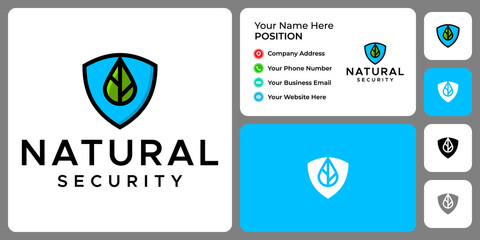Leaf and shield logo design with business card template.