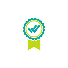 Valid Seal icon. Green and blue circle with ribbon and double tick. Quality guarantee.
