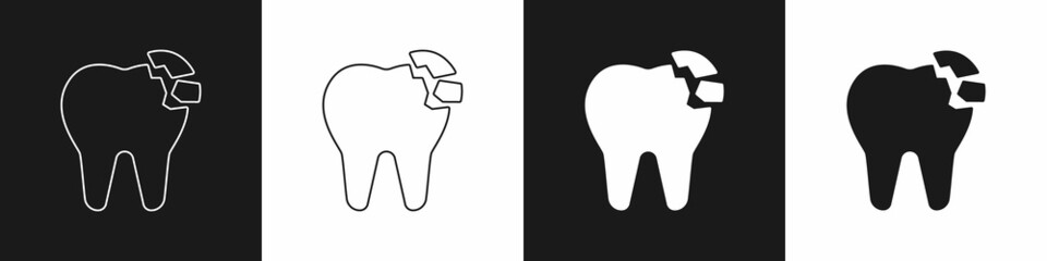 Set Broken tooth icon isolated on black and white background. Dental problem icon. Dental care symbol. Vector