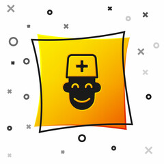 Black Male doctor icon isolated on white background. Yellow square button. Vector