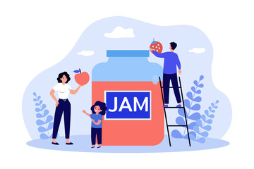 Tiny family people standing near jar of jam. Man and woman holding tasty fruit ingredients flat vector illustration. Jam production, sweet food concept for banner, website design or landing web page