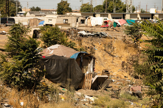 View of a homeless encampment in Stockton, California, USA.