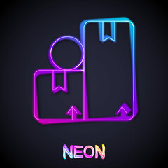 Glowing neon line Carton cardboard box icon isolated on black background. Box, package, parcel sign. Delivery and packaging. Vector