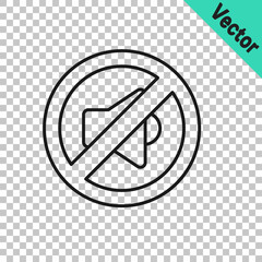 Black line Speaker mute icon isolated on transparent background. No sound icon. Volume Off symbol. Vector