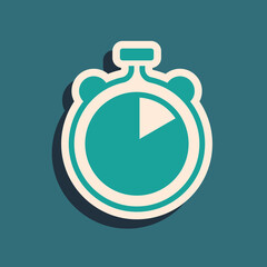 Green Stopwatch icon isolated on green background. Time timer sign. Chronometer sign. Long shadow style. Vector