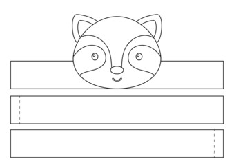 Printable raccoon paper crown. Diy cut party ribbon template for birthday, christmas, baby shower. Fun accessory for entertainment. Print, color, cut and glue. Vector stock illustration.
