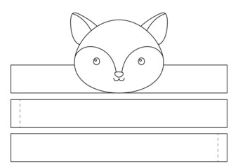 Printable fox paper crown. Diy cut party ribbon template for birthday, christmas, baby shower. Fun accessory for entertainment. Print, color, cut and glue. Vector stock illustration.