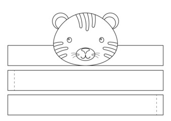 Printable tiger paper crown. Diy cut party ribbon template for birthday, christmas, baby shower. Fun accessory for entertainment. Print, color, cut and glue. Vector stock illustration.