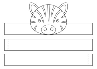 Printable zebra paper crown. Diy cut party ribbon template for birthday, christmas, baby shower. Fun accessory for entertainment. Print, color, cut and glue. Vector stock illustration.
