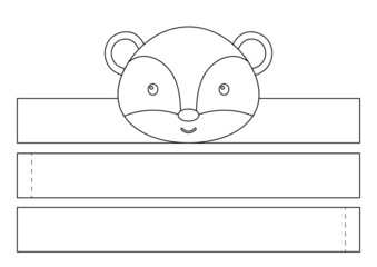 Printable badger paper crown. Diy cut party ribbon template for birthday, christmas, baby shower. Fun accessory for entertainment. Print, color, cut and glue. Vector stock illustration.