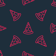 Red line Slice of pizza icon isolated seamless pattern on black background. Fast food menu. Vector