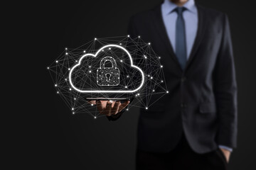Business man hold,holding cloud computing data and security on global networking,Padlock and cloud icon. Technology of business.Cybersecurity and information or network protection.internet project