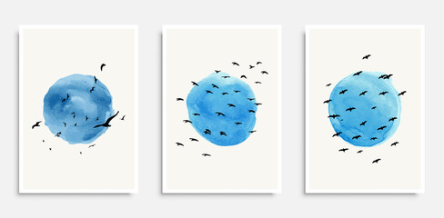 Boho poster set. Hand drawn shapes, trees and birds.