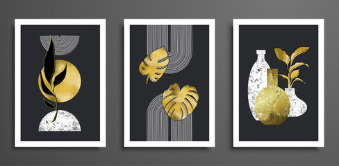 Abstract geometric minimalist wall art composition. Golden geometric shapes, circles, jugs, palm leaves. Wall art collage composition.