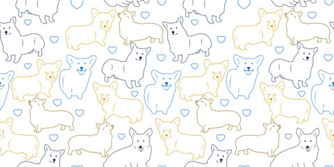 Vector seamless pattern with cute dogs. Light color line arts.