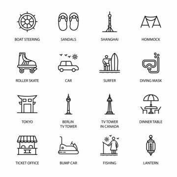 Travel, Vacation and Famous Landmarks outline Icons - stroke, vector