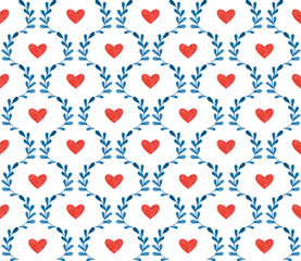 Seamless pattern with abstract twigs and hearts. Drawing in watercolor.