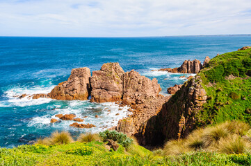 Dramatic granite rock structures below the Pinnacles Lookout at Cape Woolamai - Phillip Island,...