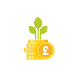 Golden pound sterling coins stack and growing sprouts with green leaves. vector icon.