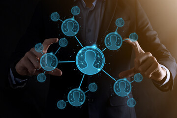 Businessman holding on hand icon of user man,woman low poly polygon style. Internet icons interface...