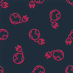 Red line Global energy power planet with plug icon isolated seamless pattern on black background. Ecology concept and environmental. Vector