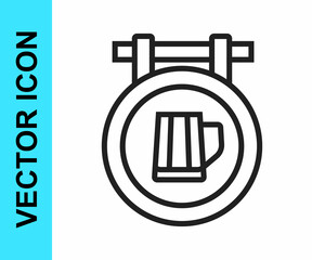 Black line Street signboard with glass of beer icon isolated on white background. Suitable for advertisements bar, cafe, pub, restaurant. Vector