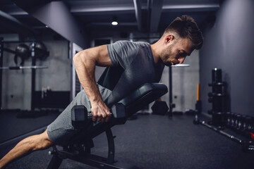 Fototapeta na wymiar Exercises for arms and triceps. Functional weight loss training for a slim and fit body. An athlete focused on training leaning on a sports bench in the gym and lifts dumbbells. 