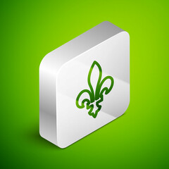 Isometric line Fleur De Lys icon isolated on green background. Silver square button. Vector © vector_v