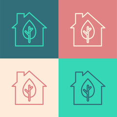 Pop art line Eco friendly house icon isolated on color background. Eco house with leaf. Vector