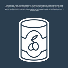 Blue line Olives in can icon isolated on blue background. Concept of canned food. Vector
