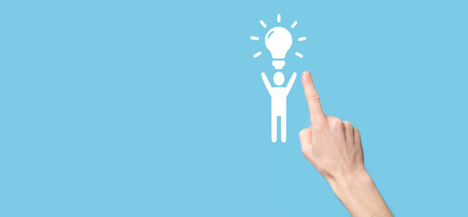 Businessman hold man icon with light bulbs, ideas of new ideas with innovative technology and...