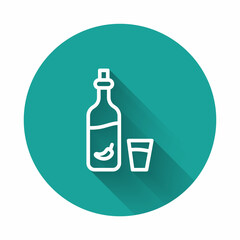 White line Vodka with pepper and glass icon isolated with long shadow. Ukrainian national alcohol. Green circle button. Vector