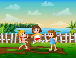 Cheerful the children playing jump rope at nature	