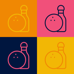 Pop art line Bowling pin and ball icon isolated on color background. Sport equipment. Vector