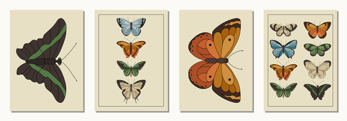 Set of posters with butterflies in modern, trendy colors, contemporary aesthetic background or card template