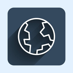 White line Earth globe icon isolated with long shadow background. World or Earth sign. Global internet symbol. Geometric shapes. Blue square button. Vector