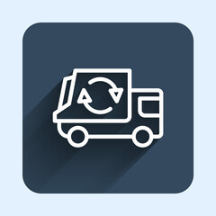 White line Garbage truck icon isolated with long shadow background. Blue square button. Vector