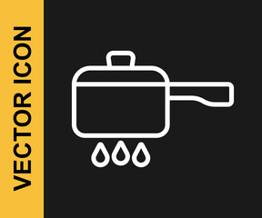 White line Cooking pot on fire icon isolated on black background. Boil or stew food symbol. Vector