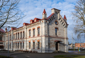 Tallinn European School building. Estonia. Multilingual multicultural Tallinn European School. Autumn time. Stone building